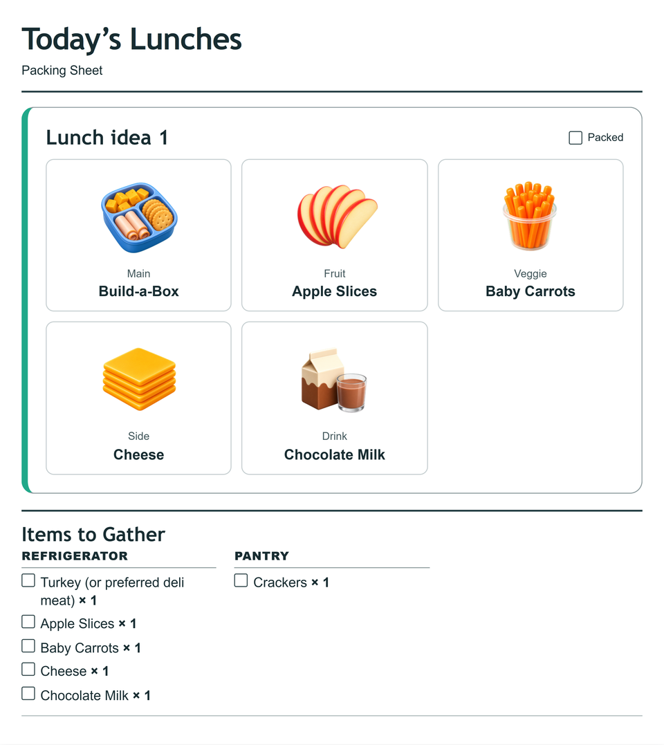 Packing sheet preview for lunch 1, Build-a-Box. The full food list is above.
