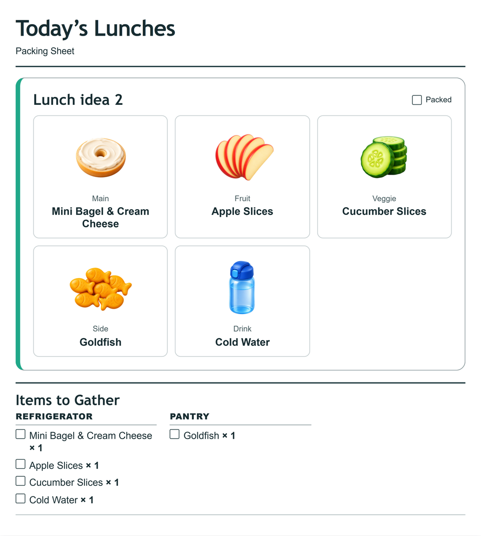 Packing sheet preview for lunch 2, Mini Bagel & Cream Cheese. The full food list is above.