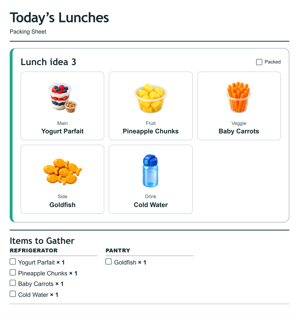 Packing sheet preview for lunch 3, Yogurt Parfait. The full food list is above.