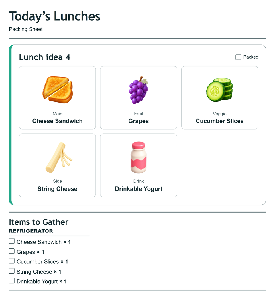 Packing sheet preview for lunch 4, Cheese Sandwich. The full food list is above.