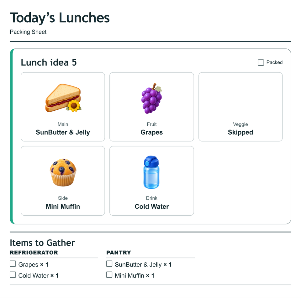 Packing sheet preview for lunch 5, SunButter & Jelly. The full food list is above.