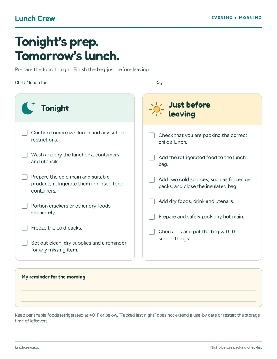 Preview of the evening and morning checklist