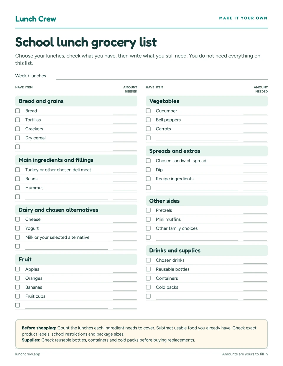 Preview of your school lunch grocery checklist
