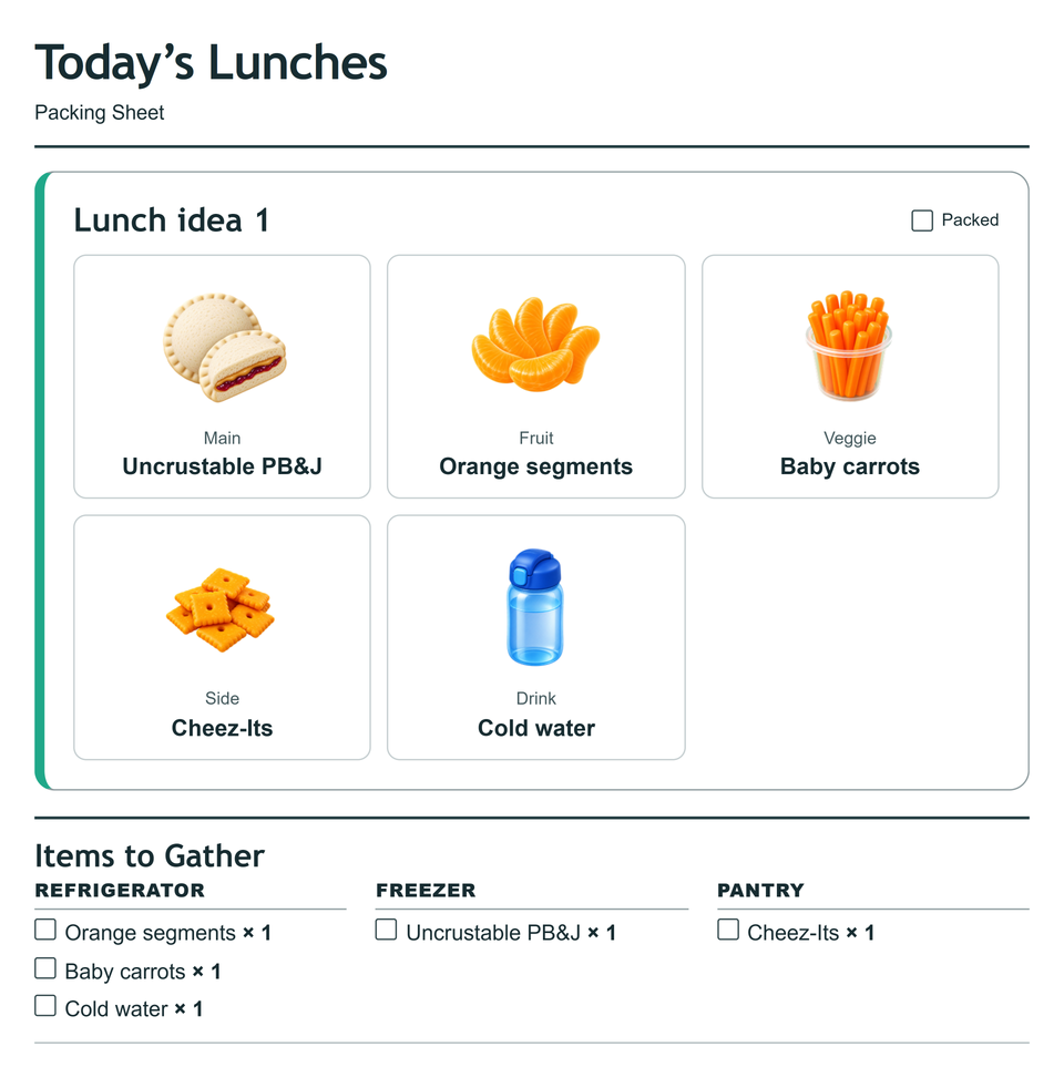 Packing sheet preview for lunch 1, Uncrustable PB&J