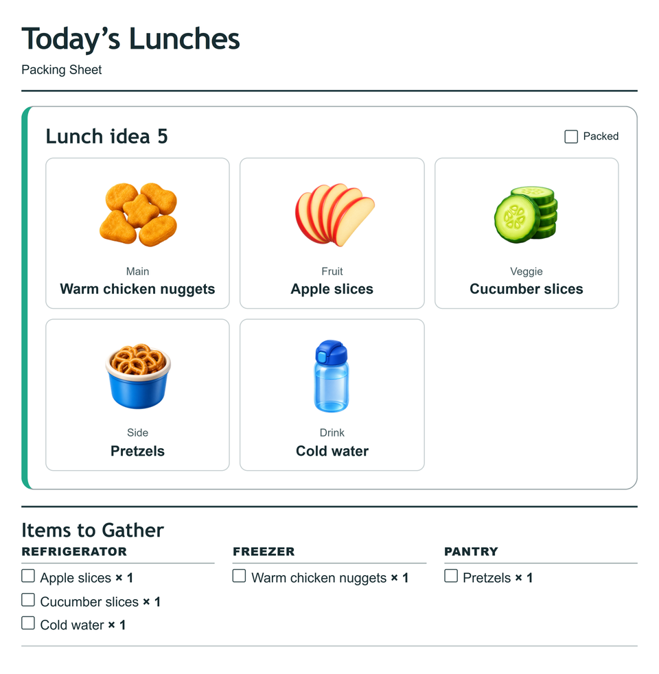 Packing sheet preview for lunch 5, Warm chicken nuggets