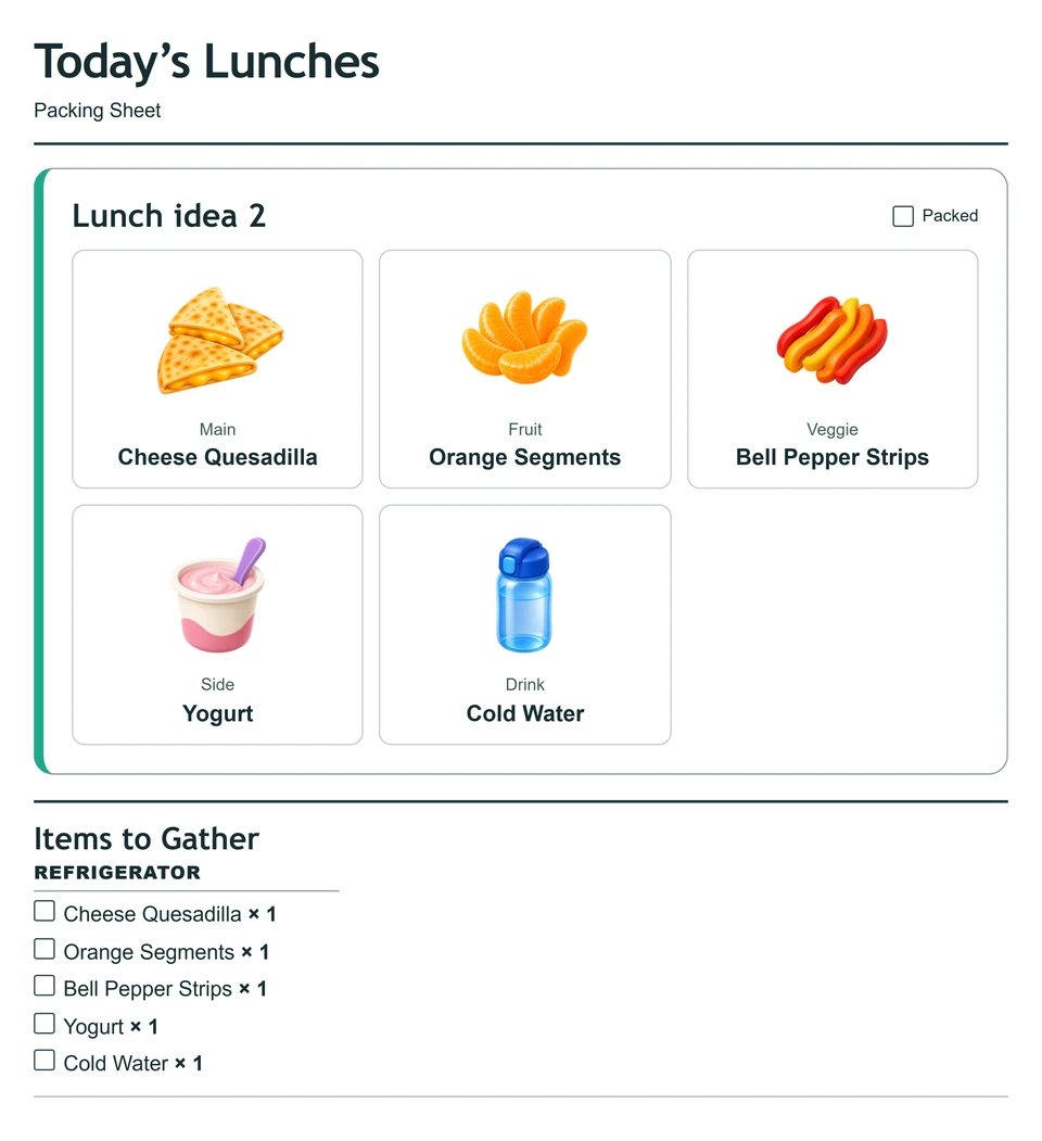 Packing sheet for lunch idea 2: Cheese quesadilla wedges