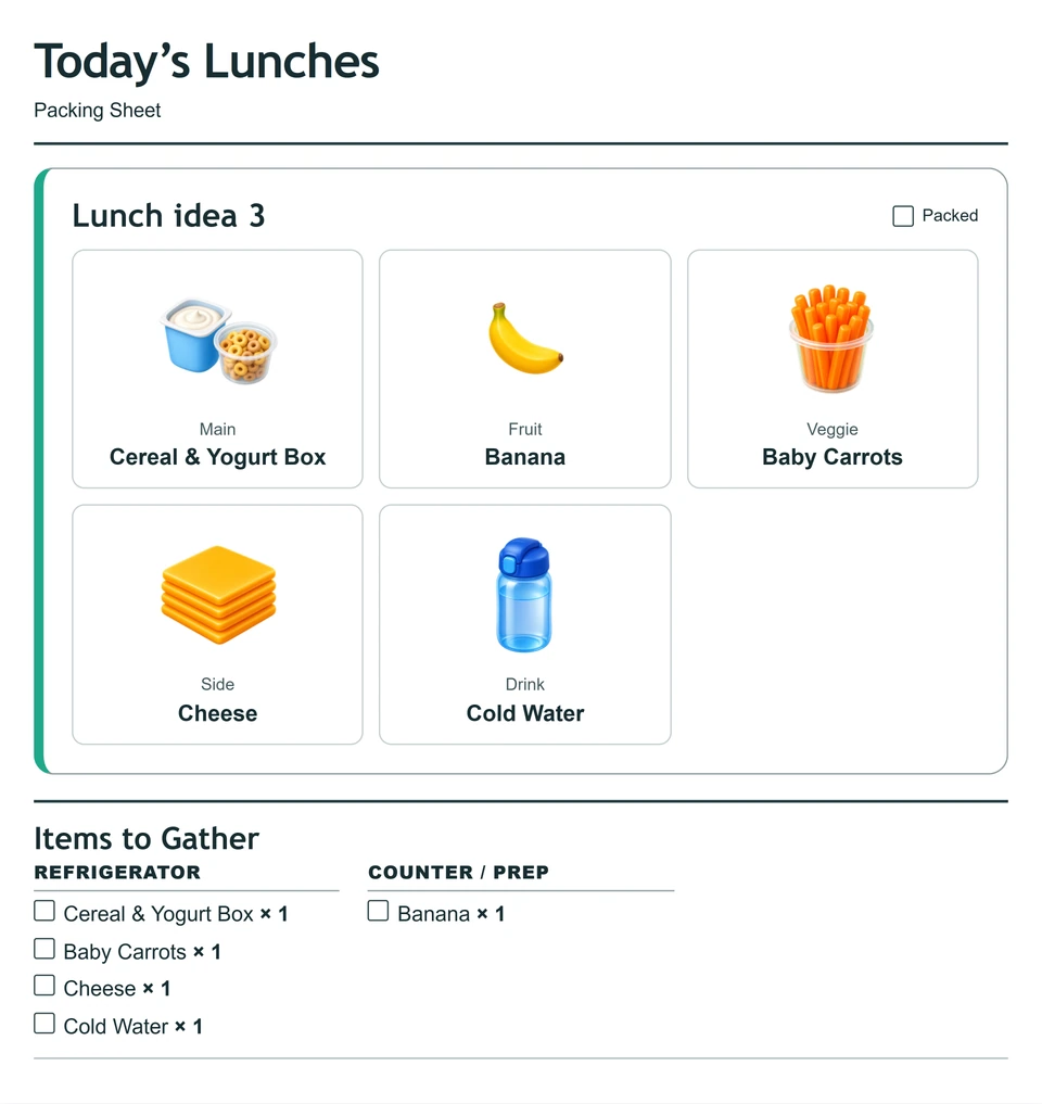 Packing sheet for lunch idea 3: Cereal and yogurt, kept separate