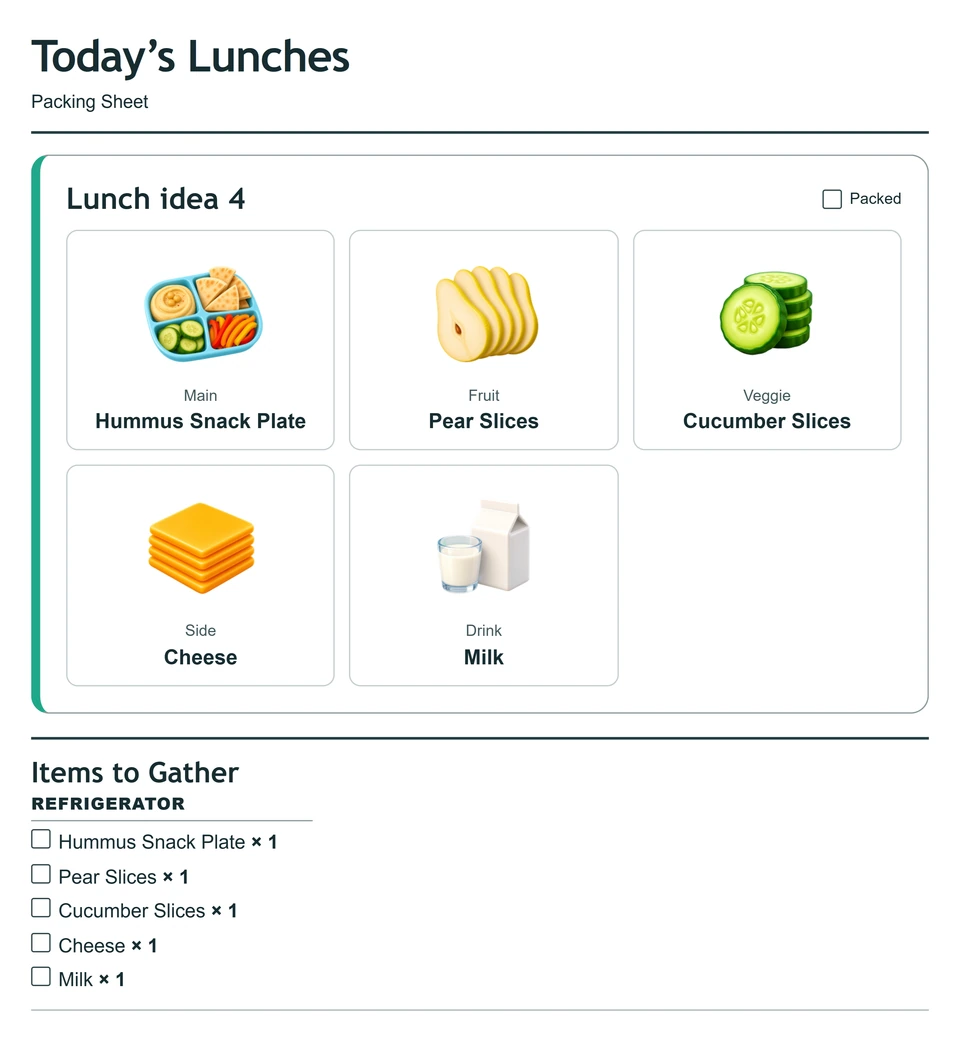 Packing sheet for lunch idea 4: A hummus snack plate
