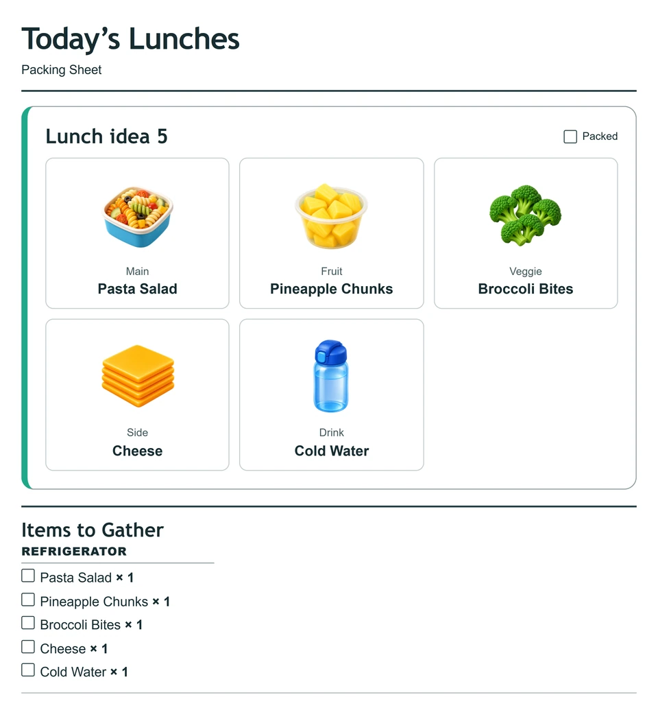 Packing sheet for lunch idea 5: Pasta salad with familiar ingredients