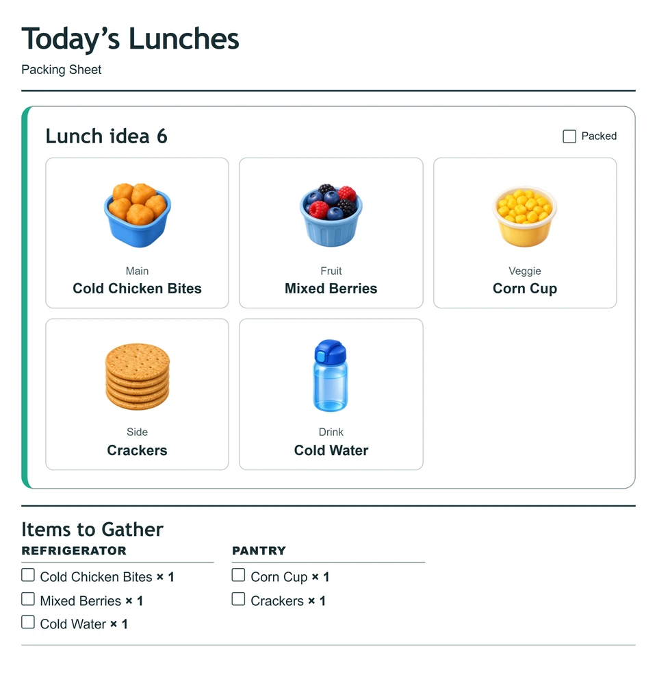 Packing sheet for lunch idea 6: Cold chicken bites