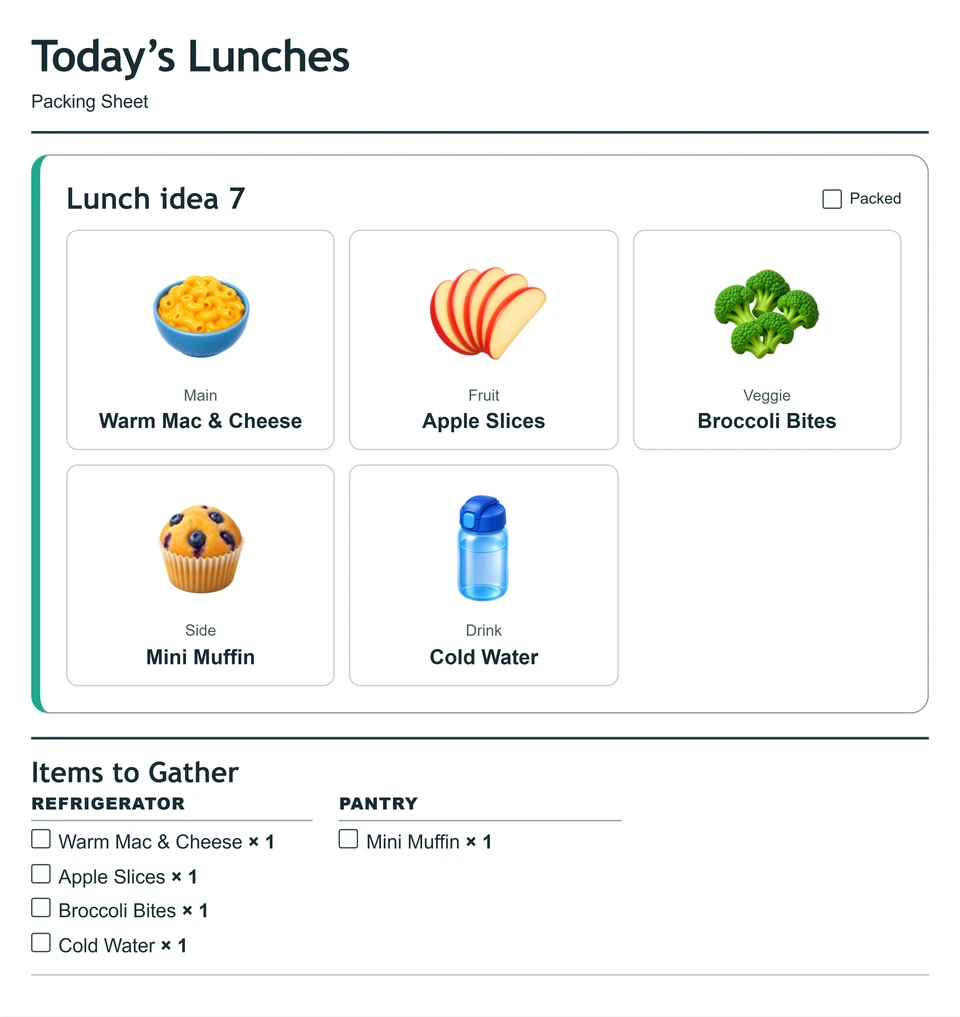 Packing sheet for lunch idea 7: Mac and cheese